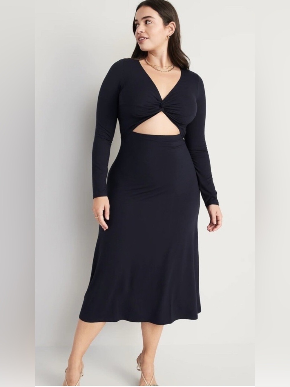 NWOT‎ Old Navy Black V-Neck Long-Sleeve Stretchy Cutout Casual Midi Dress M